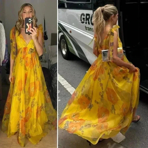 STAUD Dandelion Printed Organza Maxi Dress in Goldie Size 10 - Picture 2 of 16